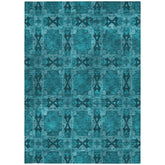 8' X 10' Teal Floral Medallion Washable Non Skid Indoor Outdoor Area Rug